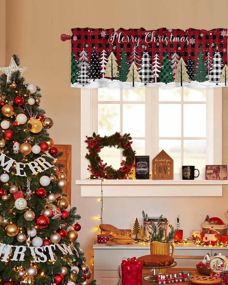 LooPoP Christmas Valance for Windows Merry Christmas Tree Curtains Valances Rod Pocket Valance Window Treatments Buffalo Plaid Short Curtains for Kitchen Living Room Bedroom Xmas Holiday 1 Panel 60x18 - Image 3